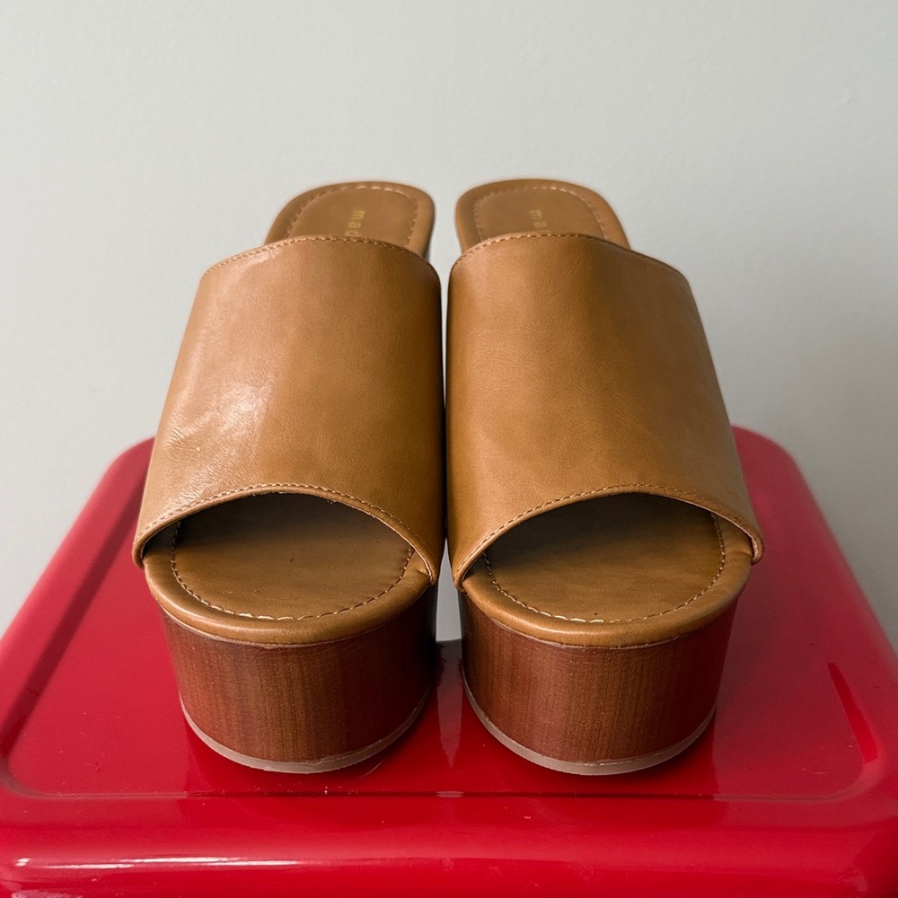 Madden Girl Tan Leather Platform Mules